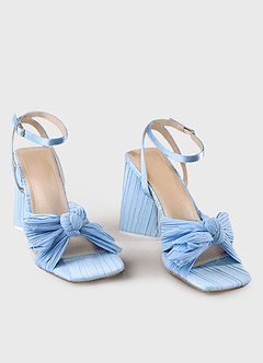 front Blue Pleated Chiffon Bow Mid-Heel Sandals