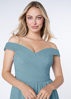 Azazie Audrianna Jurken voor bruidsmeisjes Converteerbaar Jurk van Chiffon met A-Lijn Off-the-shoulder verzameld Mystiek Blauw image5