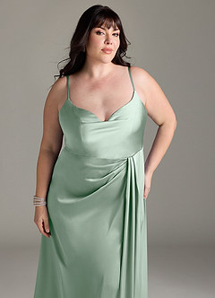 Azazie Brielle Bridesmaid Dresses Agave A-Line Cowl Spaghetti Straps Stretch Satin Dress image11