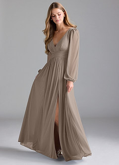 Azazie Norah Bridesmaid Dresses Taupe A-Line Mesh Dress image1