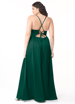 Azazie Raya Bridesmaid Dresses Emerald A-Line V-Neck Pleated Stretch Satin Dress image8