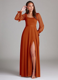 Azazie Leonia Brautjungfernkleider A-Linie Langarm Gittergewebe Kleid Paprika image1