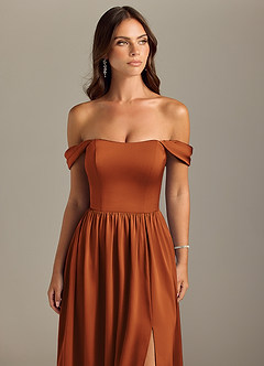 Azazie Calianna Bridesmaid Dresses Cinnamon A-Line Off the Shoulder Stretch Satin Convertible Dress image4