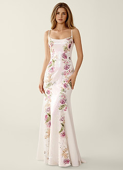 Clarapht White 3D Flower Sequin Embroidery Stretch Satin Prom Dress image1