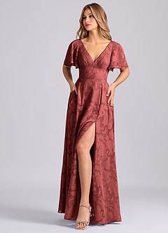 Azazie Kimber Robes de demoiselle d'honneur Robe Trapèze en Blumen-Burnout Avec poches Terracotta image6