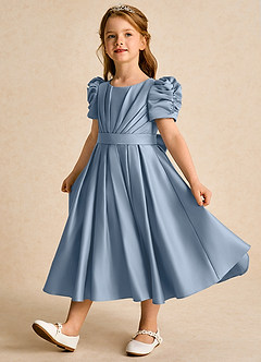 Azazie Miriam Abiti da Ragazza di Fiori Abito Principessa in Raso Opaco Plissettato Blu Polveroso image3
