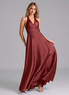 Azazie Tessie At-home Try On Dresses Terracotta A-Line Pleated Stretch Satin Dress image3