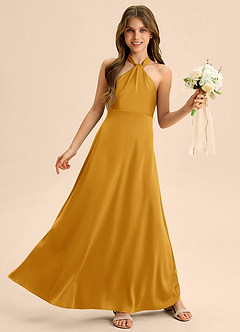 Azazie Beah Junior Robe Trapèze en Satin extensible Plissée Caramel écossais image5