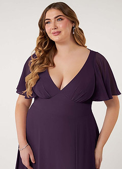 Azazie Kimber Bridesmaid Dresses Plum A-Line Flounce Sleeve Chiffon Dress image13