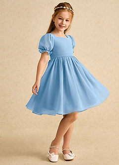 Azazie Jolie Robe Demoiselle D'honneur Fillette Robe Trapèze en Mousseline de soie avec manches Poudre Bleue image1