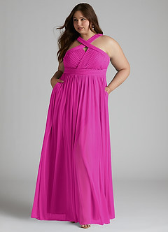 Azazie Hillian Vestidos de damas de honor Vestido de Fucsia de Malla de Corte en A con Halter Plisado image8