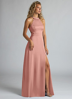 Azazie Clarice Bridesmaid Dresses Rosette A-Line High Neck Stretch Satin Dress image2