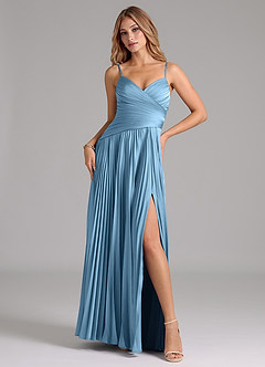 Azazie Vini Brautjungfernkleider A-Linie Plissee Stretch-Satin Kleid Stahlblau image1