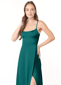 Azazie Halsey Final Sale Peacock A-Line Side Slit Stretch Satin Dress image4