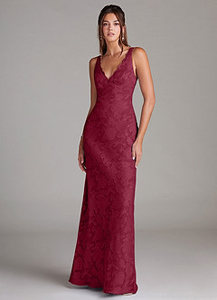 Azazie Tianna Bridesmaid Dresses Burgundy Sheath Lace Floral Burnout Dress image1