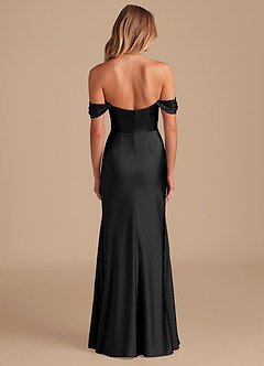 Azazie Saige At-home Try On Dresses Black A-Line Off the Shoulder Metallic Satin Convertible Dress image4