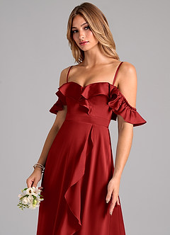 Azazie Lyra Bridesmaid Dresses Pomegranate A-Line Off the Shoulder Stretch Satin Convertible Dress image7