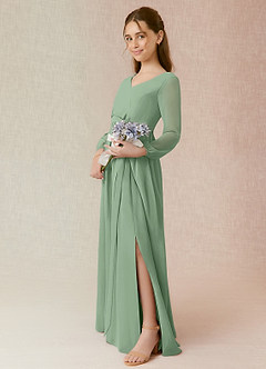 Azazie Angelica Junior Abito A-Line in Chiffon Plissettato Matcha image3