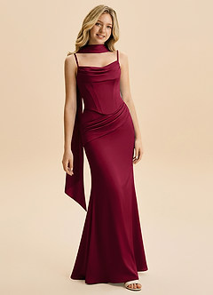 Azazie Sorrel Junior Robe Sirène en Satin extensible Rayé Bourgogne image1