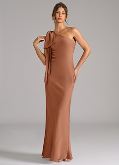 Azazie Capri Robes de demoiselle d'honneur Robe Sirène en Satin extensible Ue épaule Bronze image3