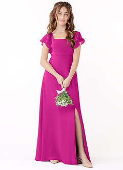 Azazie Bondi Junior Fuchsia A-Line Bow Chiffon Dress image1