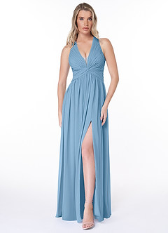 Azazie Jaclyn Bridesmaid Dresses Steel Blue A-Line Pleated Chiffon Dress image1