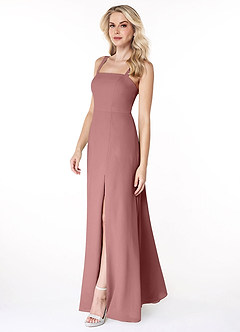 Azazie Jay Bridesmaid Dresses Desert Rose A-Line Square Neckline Side Slit Chiffon Dress image4