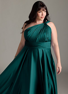 Azazie Charlize Abiti da Damigella Abito A-Line in Raso Elasticizzato Monospalla Verde Pavone image15