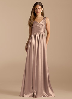 Azazie Keyla Bridesmaid Dresses Taupe A-Line Pleated Metallic Satin Dress image1