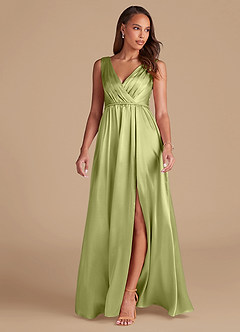 Azazie Tanicia Bridesmaid Dresses Pistachio A-Line Pleated Metallic Satin Dress image3