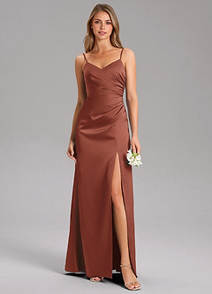 Azazie Azuree Bridesmaid Dresses Auburn A-Line Pleated Stretch Satin Dress image1