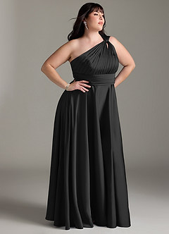 Azazie Charlize Bridesmaid Dresses Black A-Line One Shoulder Stretch Satin Dress image12