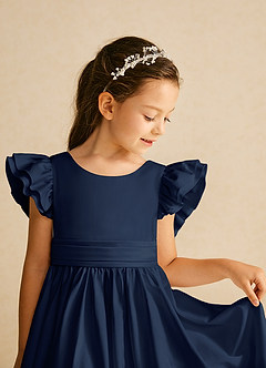 Azazie Piglette Blumenmädchenkleider A-Linie Schleifen Matte Satin Kleid Dunkelmarine image3