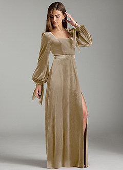 Azazie Leonia Bridesmaid Dresses Golden Tan A-Line Long Sleeve Velvet Dress image4