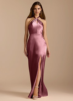 Azazie Tracie Vestidos de damas de honor Vestido de Rosa Del Desierto de Satén Metálico de Corte en A con Plisado image6