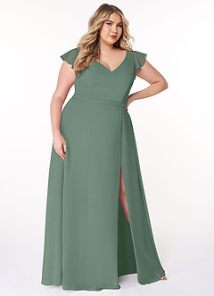 Azazie Claudine Bridesmaid Dresses Eucalyptus A-Line Flutter Sleeve Chiffon Dress image10