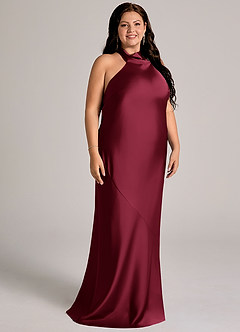 Azazie Velli Robes de demoiselle d'honneur Robe Sirène en Satin extensible Col haut Bourgogne image10