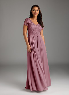 Azazie Dunja Vestidos para mãe da noiva Vestir Vintage Malva de Chiffon de Linha A com Renda image3