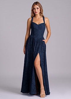 Azazie Francis Bridesmaid Dresses Dark Navy A-Line Corset Floral Burnout Dress image1