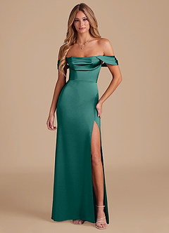 Azazie Saige Bridesmaid Dresses Pine A-Line Off the Shoulder Metallic Satin Convertible Dress image5