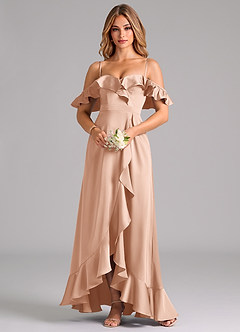 Azazie Lyra Robes de demoiselle d'honneur Robe Trapèze Convertible en Satin extensible Épaule décolletée Or Rose image5