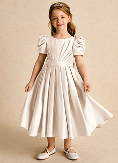 Azazie Miriam Flower Girl Dresses White Alabaster Ball-Gown Pleated Matte Satin Dress image2
