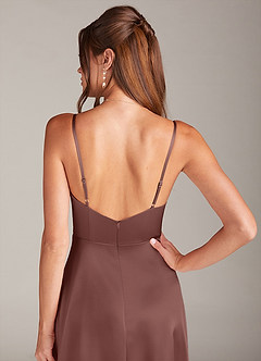 Azazie Sarella Bridesmaid Dresses Espresso A-Line Pleated Stretch Satin Dress image5
