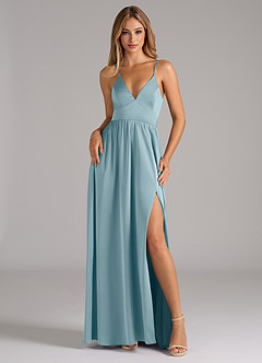 Azazie Aaida Bridesmaid Dresses Moody Blue A-Line Corset Stretch Satin Dress image1