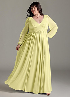 Azazie Norah Bridesmaid Dresses Lemon Sorbet A-Line V-Neck Long Sleeve Chiffon Dress image8