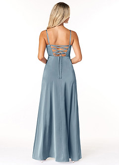 Azazie Marchella Bridesmaid Dresses Dusty Blue A-Line Corset Stretch Satin Dress image2
