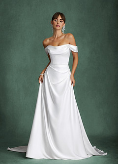 Azazie Brittney Wedding Dresses Diamond White A-Line Off the Shoulder Stretch Satin Dress image1