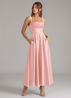 Azazie Shaude Bridesmaid Dresses Powder Pink A-Line Pleated Stretch Satin Dress image3