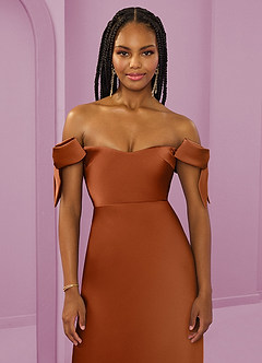 Barbie ♥ Azazie Jurken voor bruidsmeisjes Converteerbaar Jurk van Stretch Satijn met Kolom Off the Shoulder Koper image11