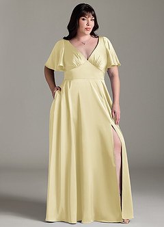 Azazie Kimber Bridesmaid Dresses Lemon Sorbet A-Line Ruched Stretch Satin Dress image9